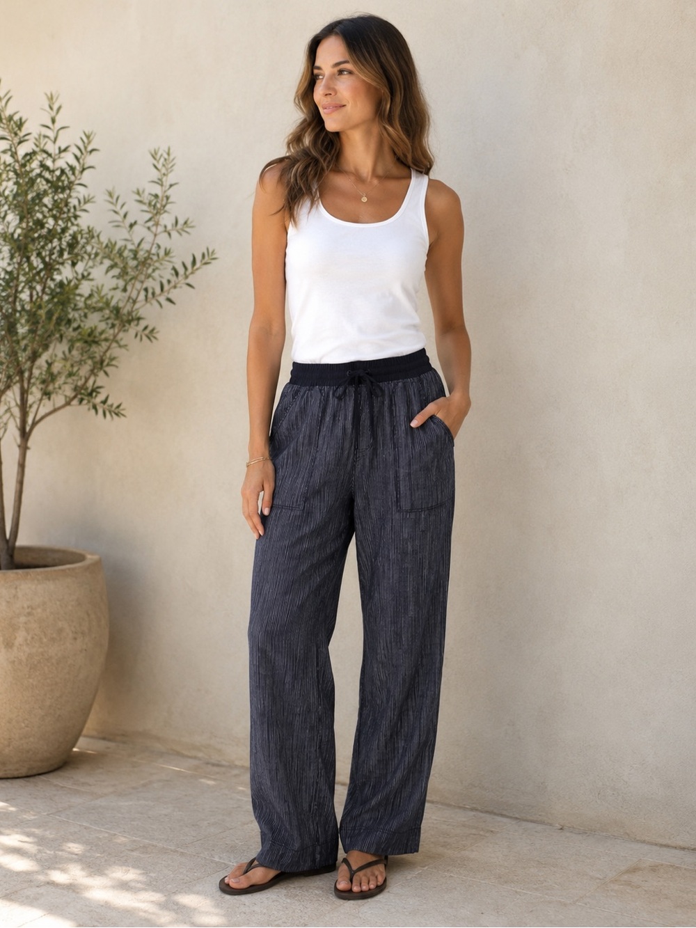 Athleta size 6 navy blue linen pants, white stripes, drawstring waist, pockets